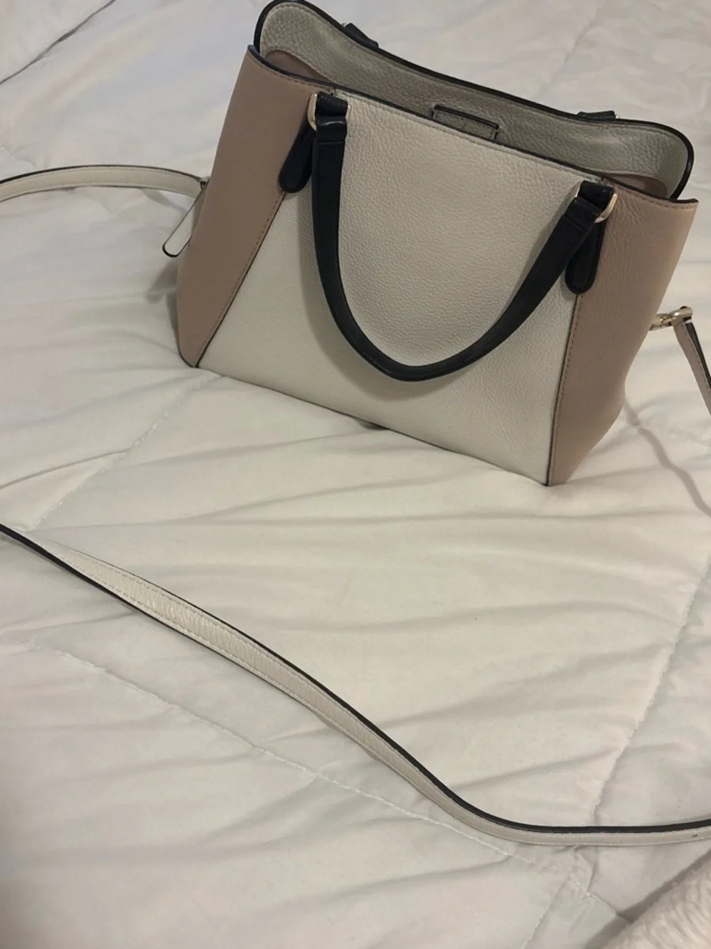 kate spade Cream & Blush Pebbled Leather Satchel with Black Handles